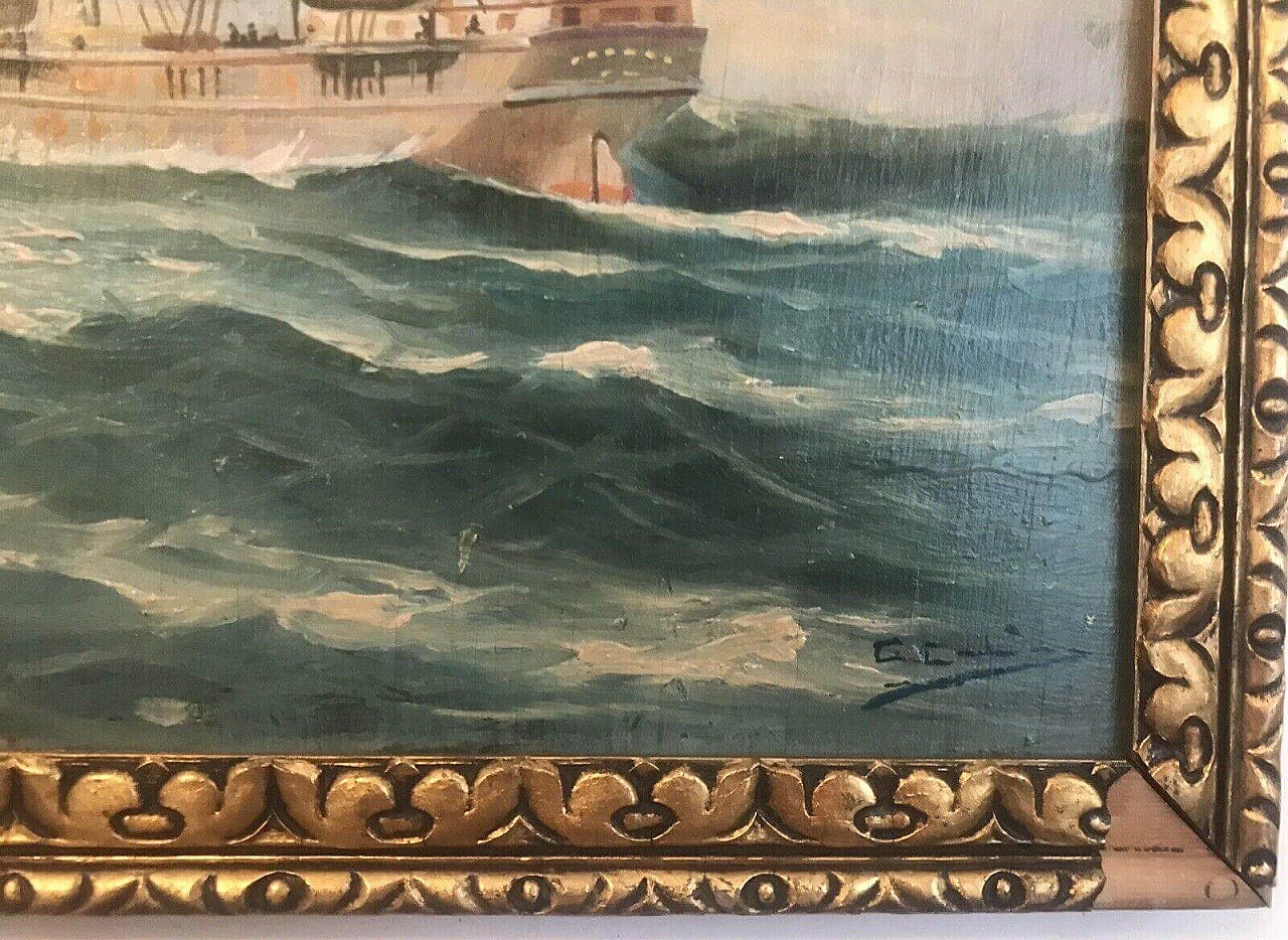 Paesaggio marino con navi, dipinto a olio su tavola, '800 1