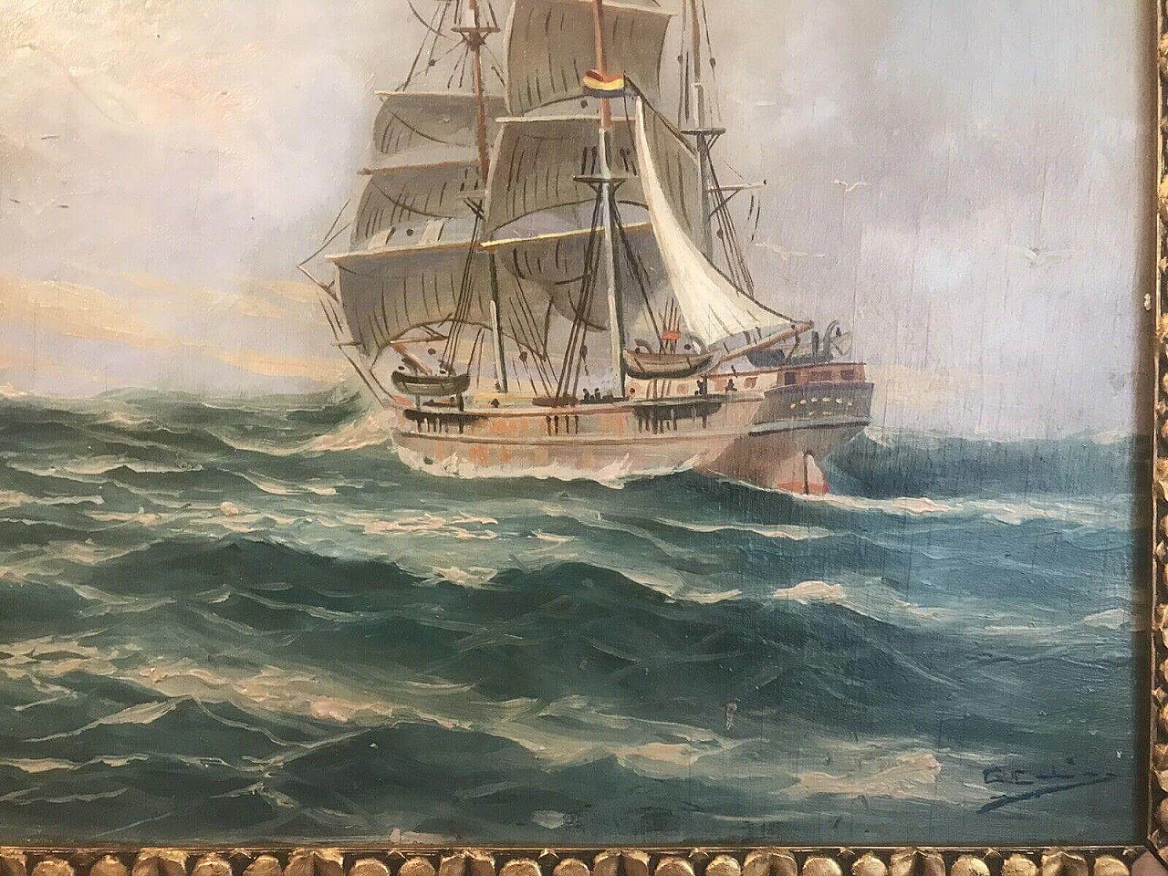 Paesaggio marino con navi, dipinto a olio su tavola, '800 2