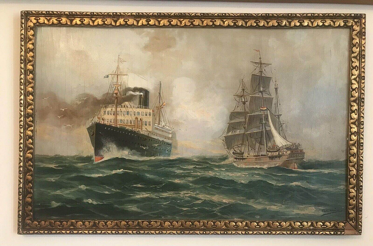 Paesaggio marino con navi, dipinto a olio su tavola, '800 5