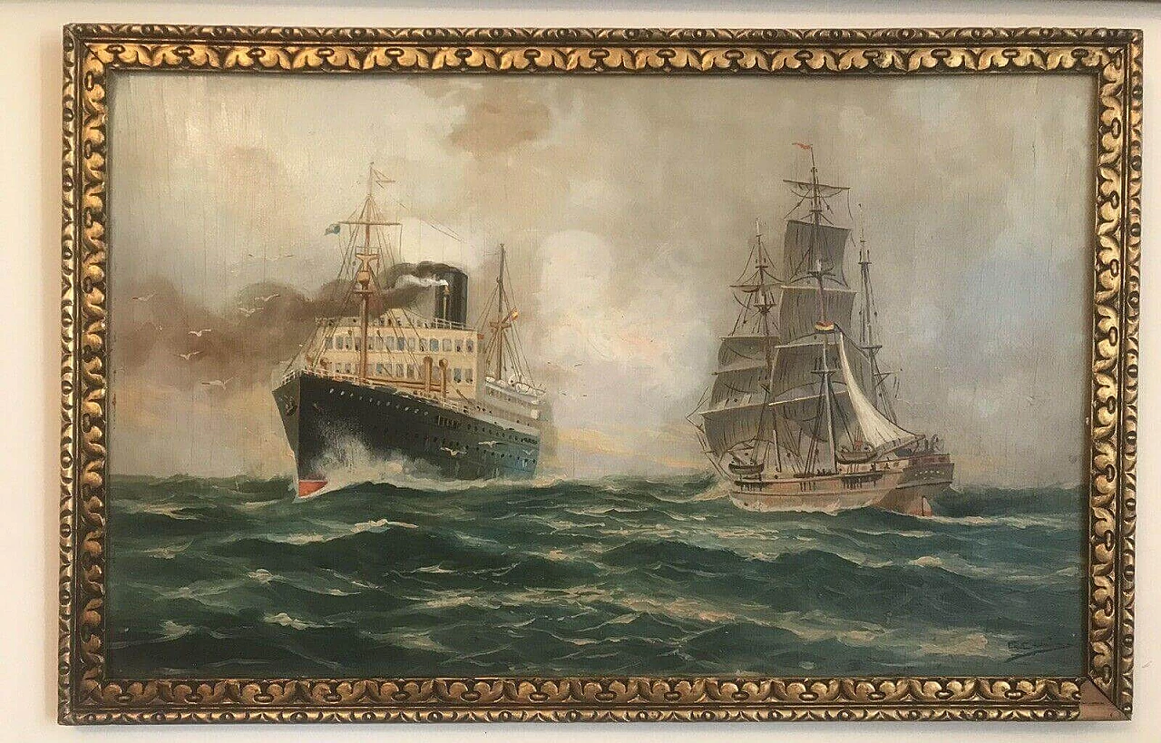 Paesaggio marino con navi, dipinto a olio su tavola, '800 7