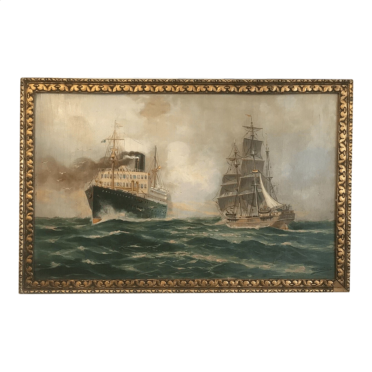 Paesaggio marino con navi, dipinto a olio su tavola, '800 9