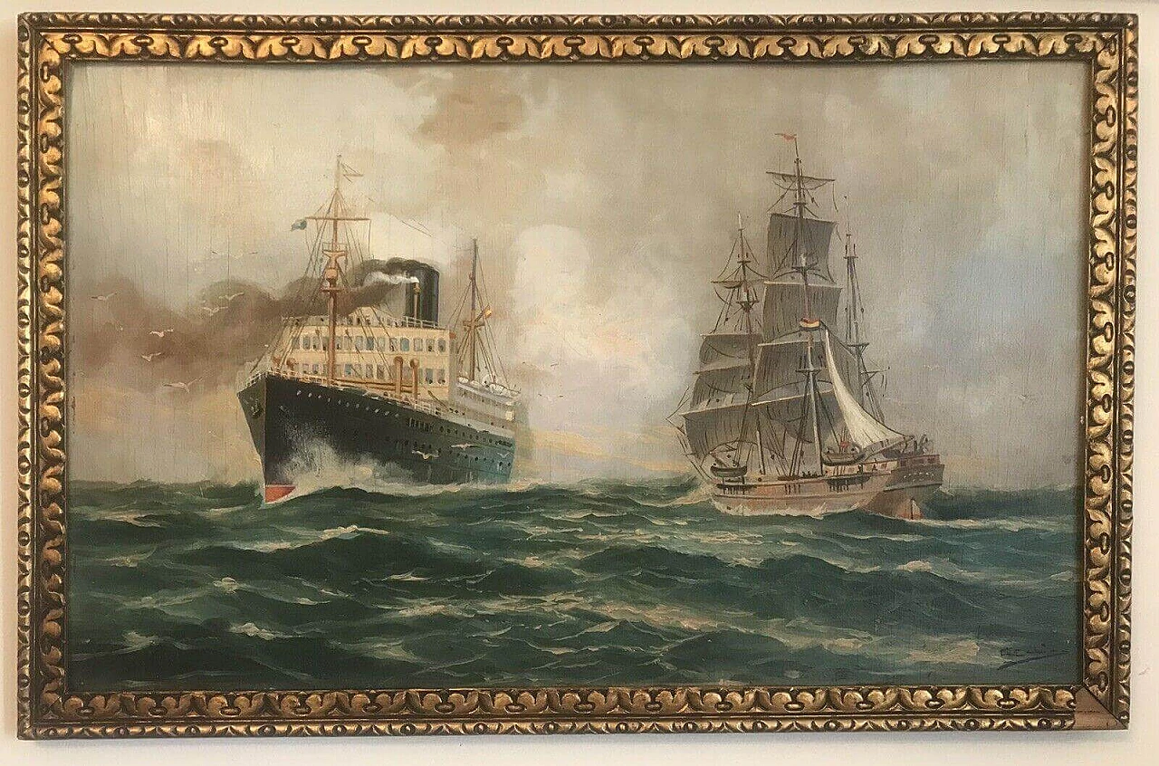 Paesaggio marino con navi, dipinto a olio su tavola, '800 13