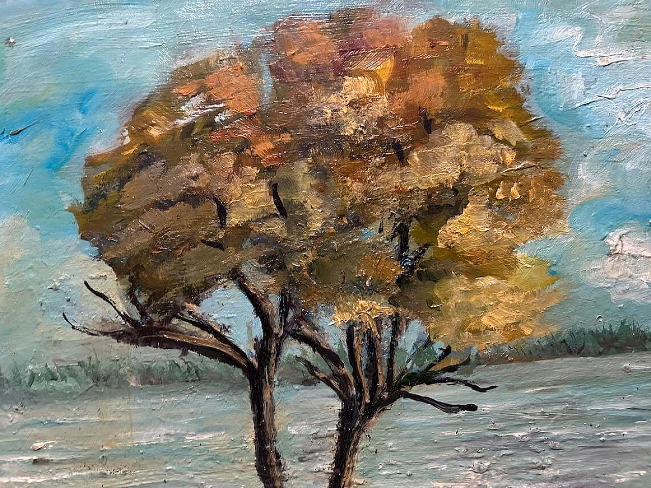 Paesaggio autunnale con fiume e albero, dipinto a olio su legno, anni '40 2