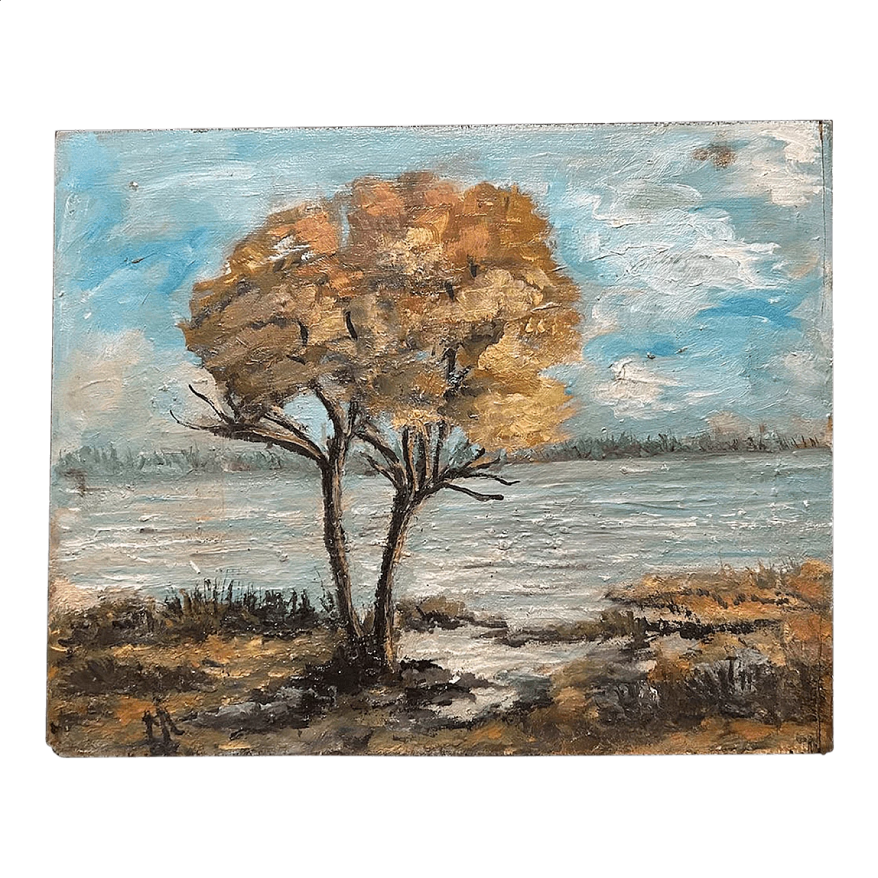 Paesaggio autunnale con fiume e albero, dipinto a olio su legno, anni '40 3