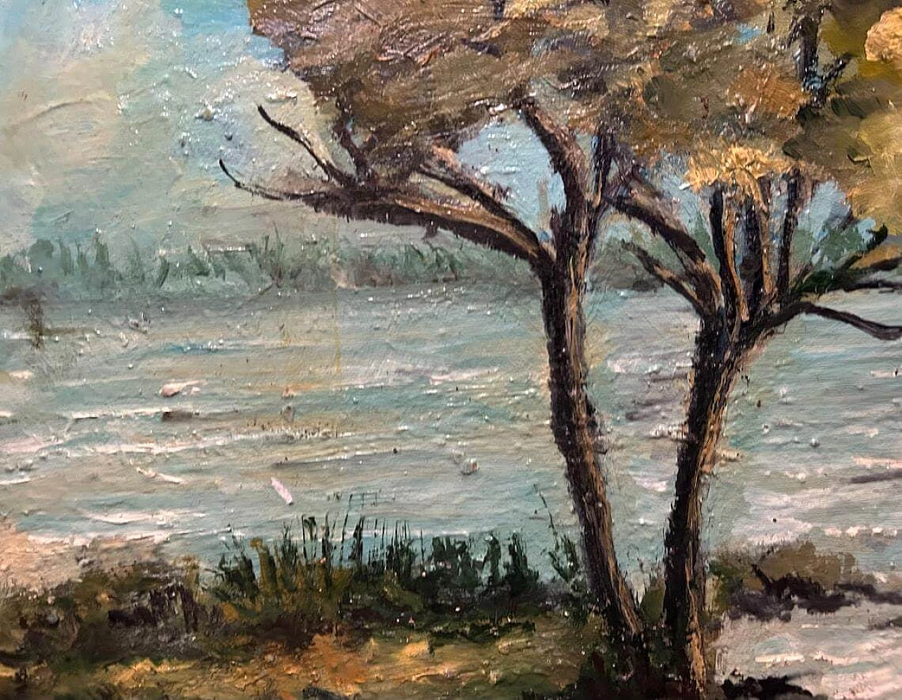 Paesaggio autunnale con fiume e albero, dipinto a olio su legno, anni '40 4