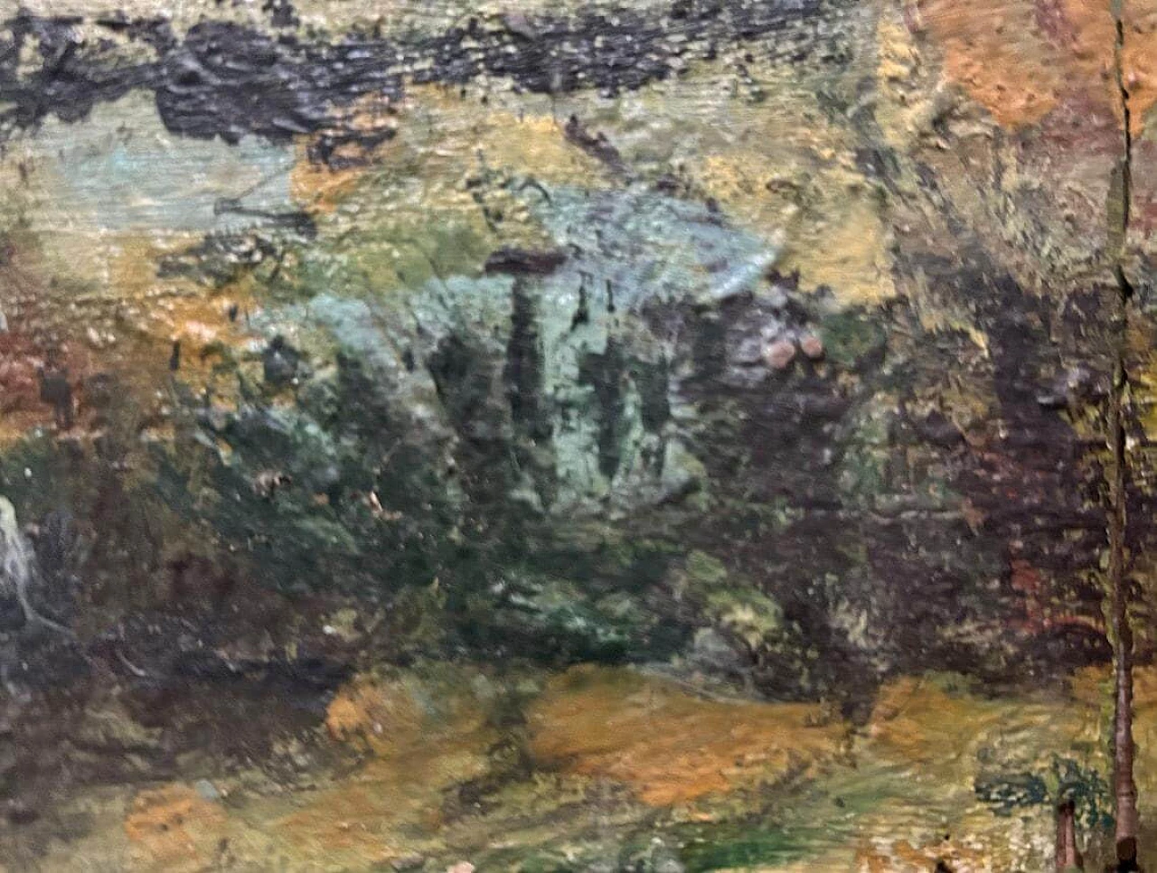 Paesaggio autunnale con fiume e albero, dipinto a olio su legno, anni '40 5