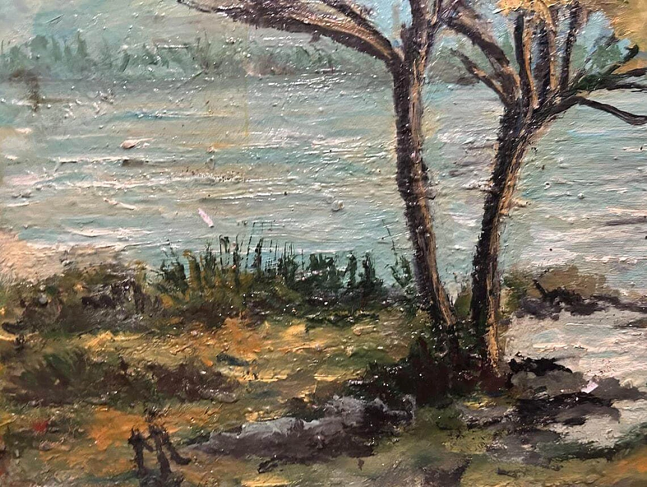 Paesaggio autunnale con fiume e albero, dipinto a olio su legno, anni '40 7