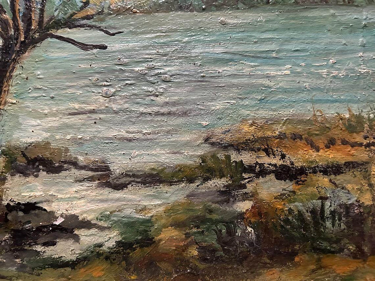 Paesaggio autunnale con fiume e albero, dipinto a olio su legno, anni '40 9