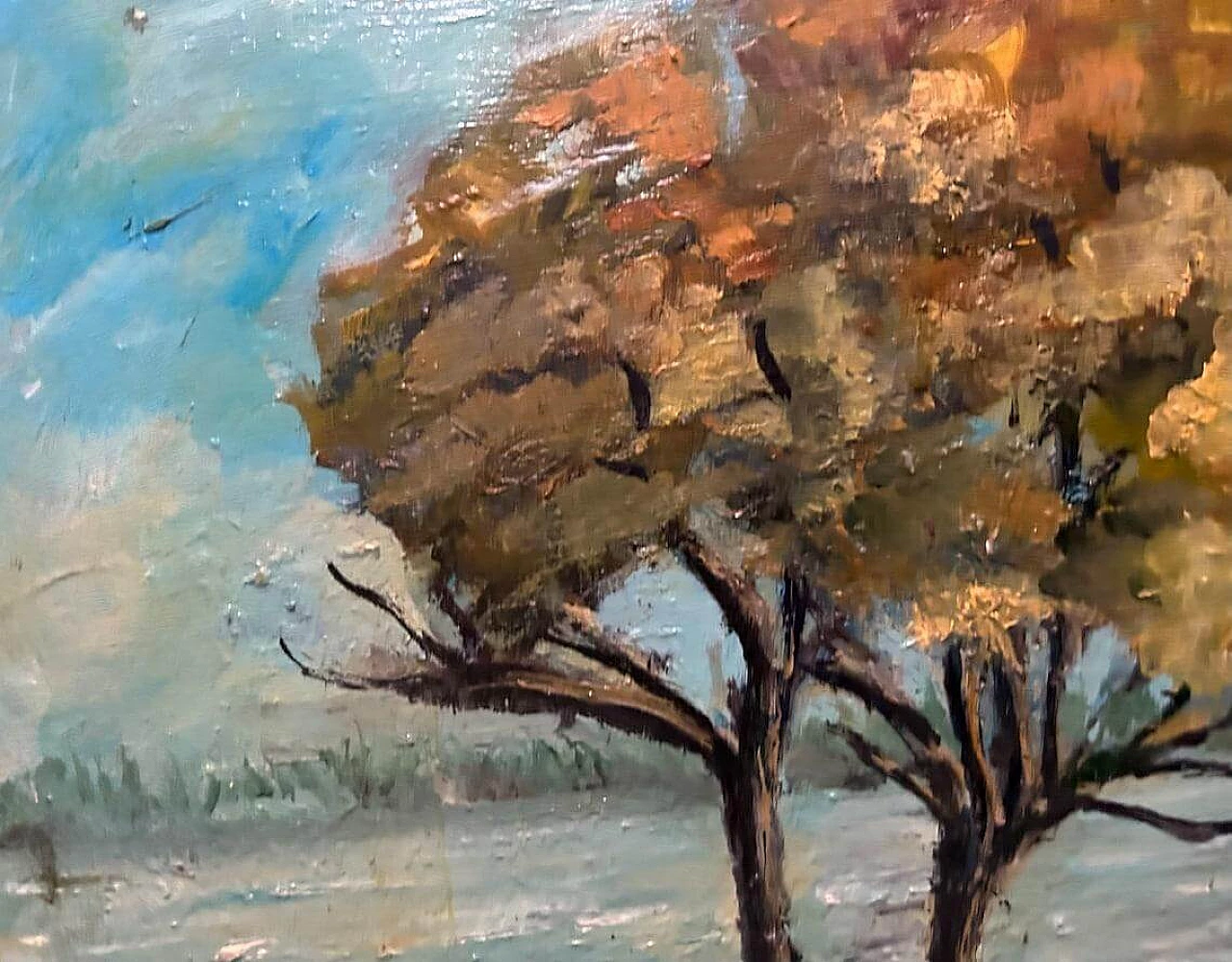 Paesaggio autunnale con fiume e albero, dipinto a olio su legno, anni '40 10