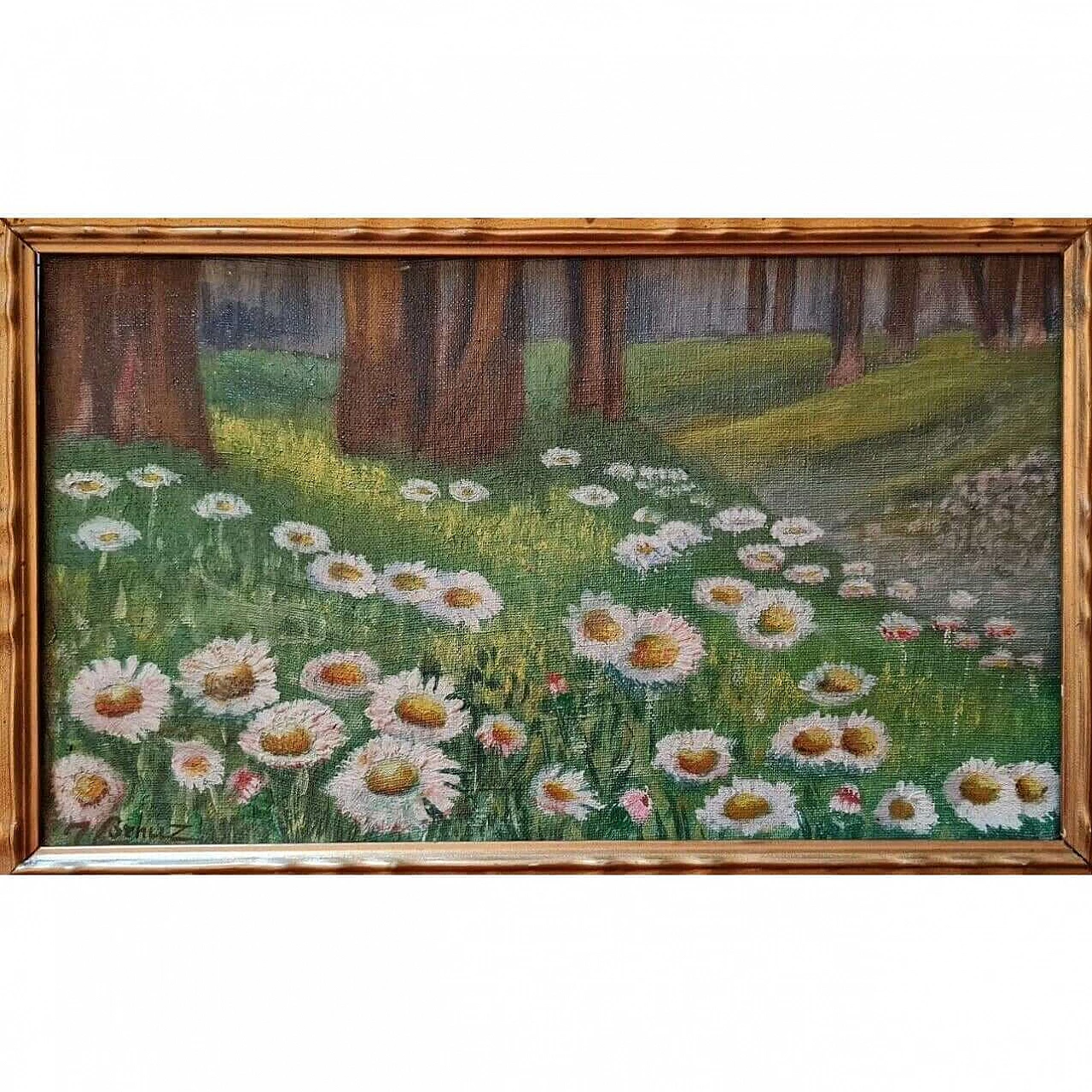 J. Benuz, Field of daisies, oil on panel, 1940s 1