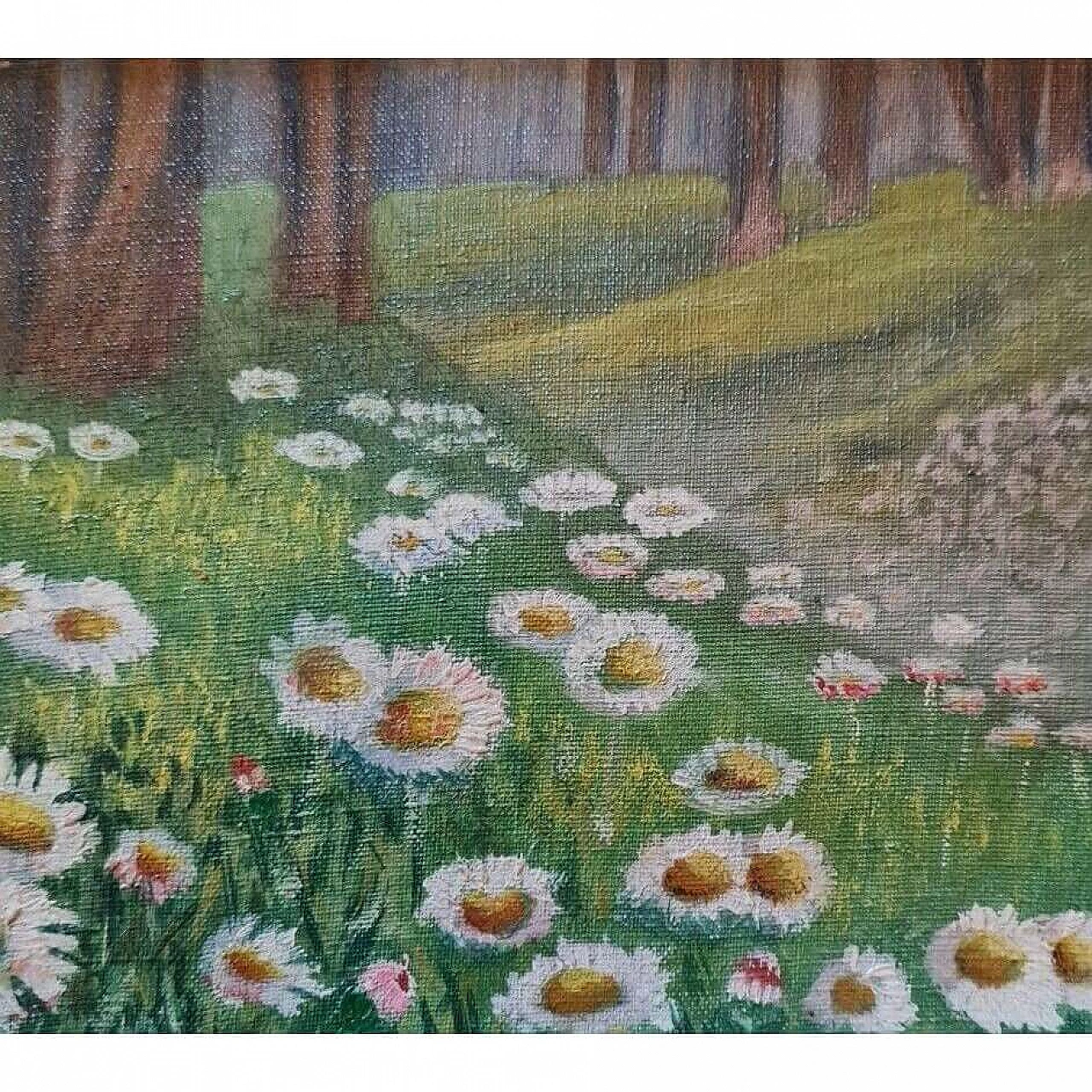 J. Benuz, Field of daisies, oil on panel, 1940s 2