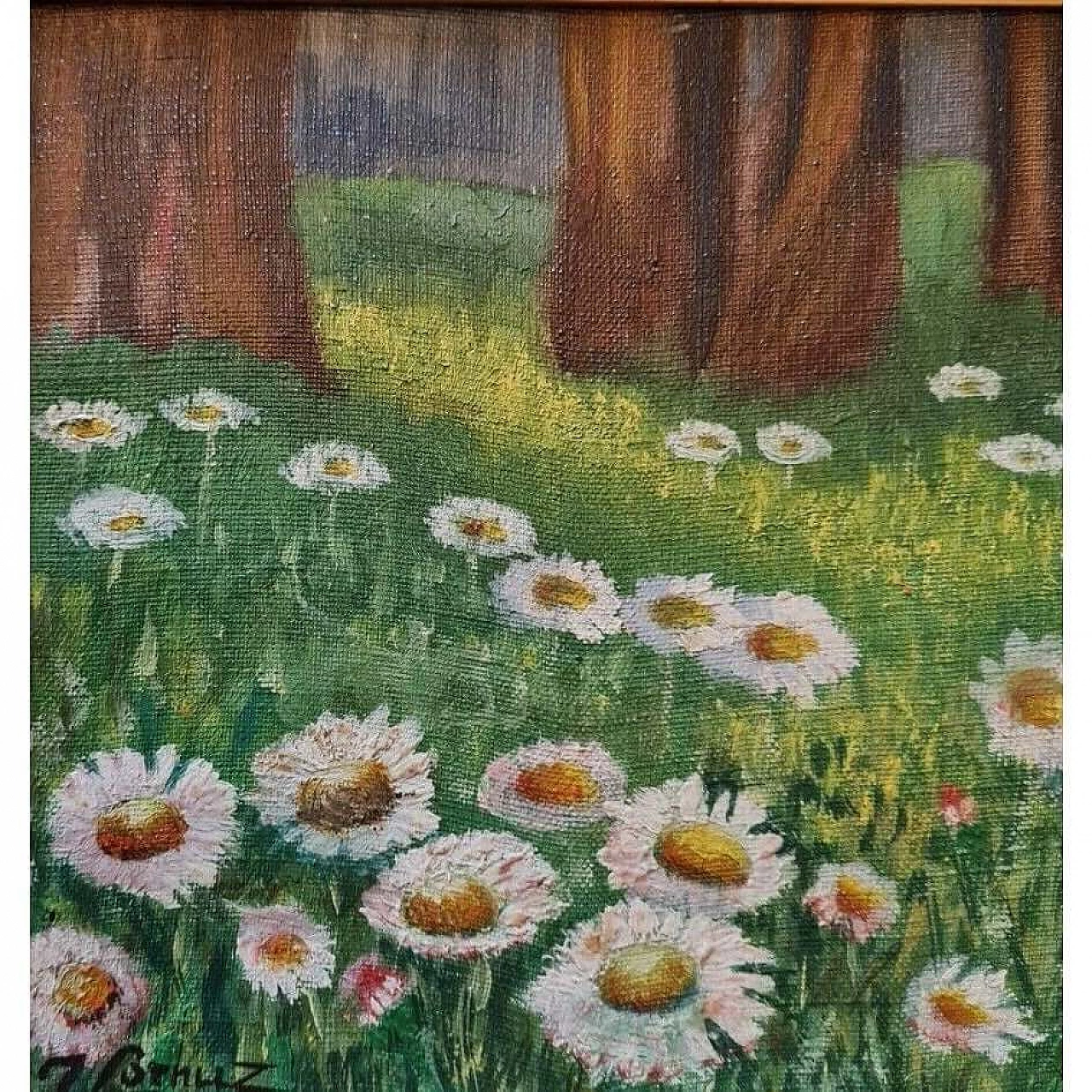 J. Benuz, Field of daisies, oil on panel, 1940s 5