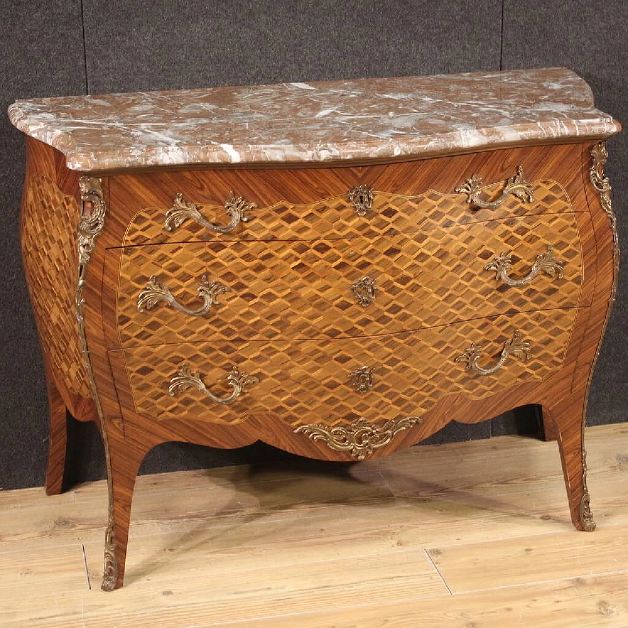 French Louis XV style inlaid wood commode with marble top 1