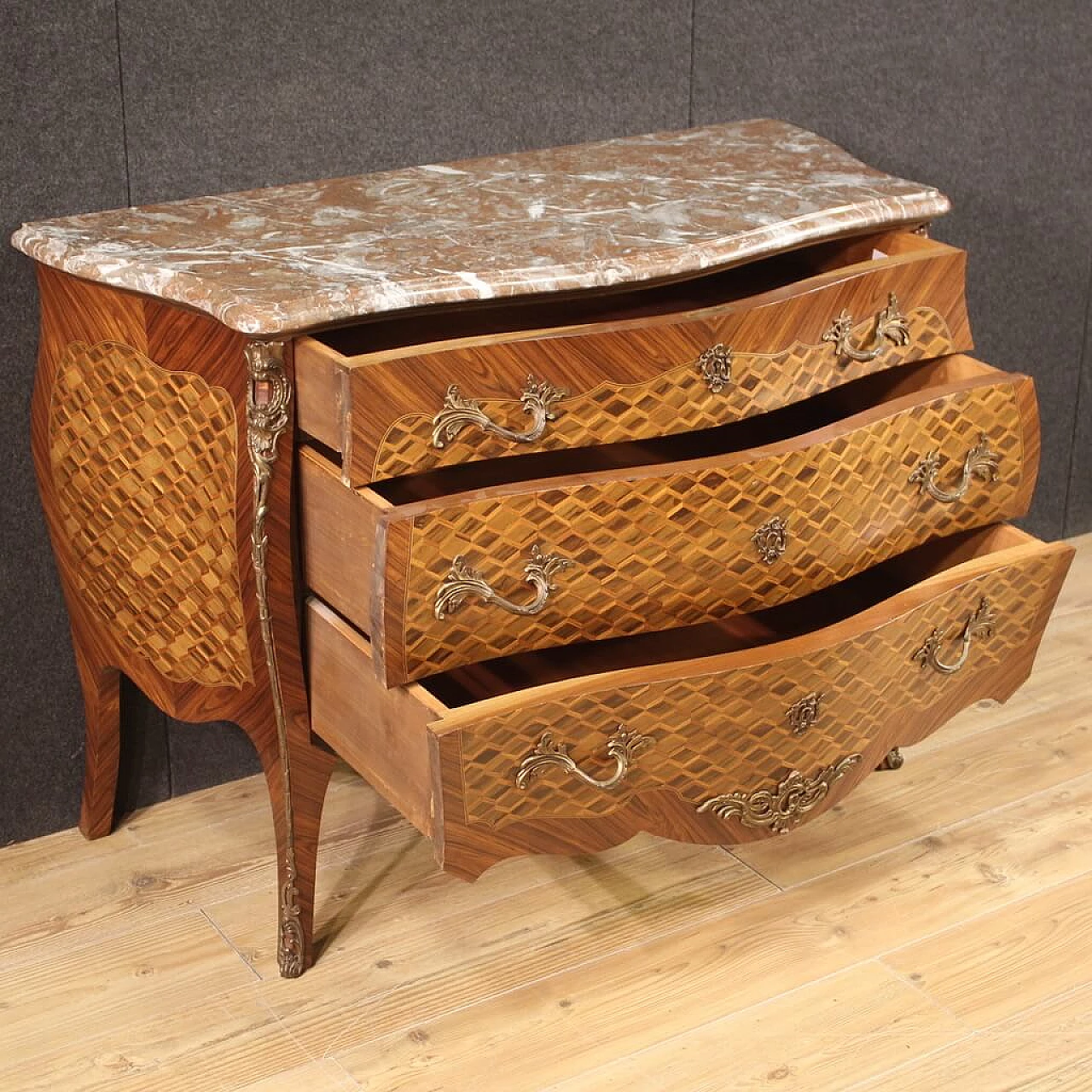 French Louis XV style inlaid wood commode with marble top 2