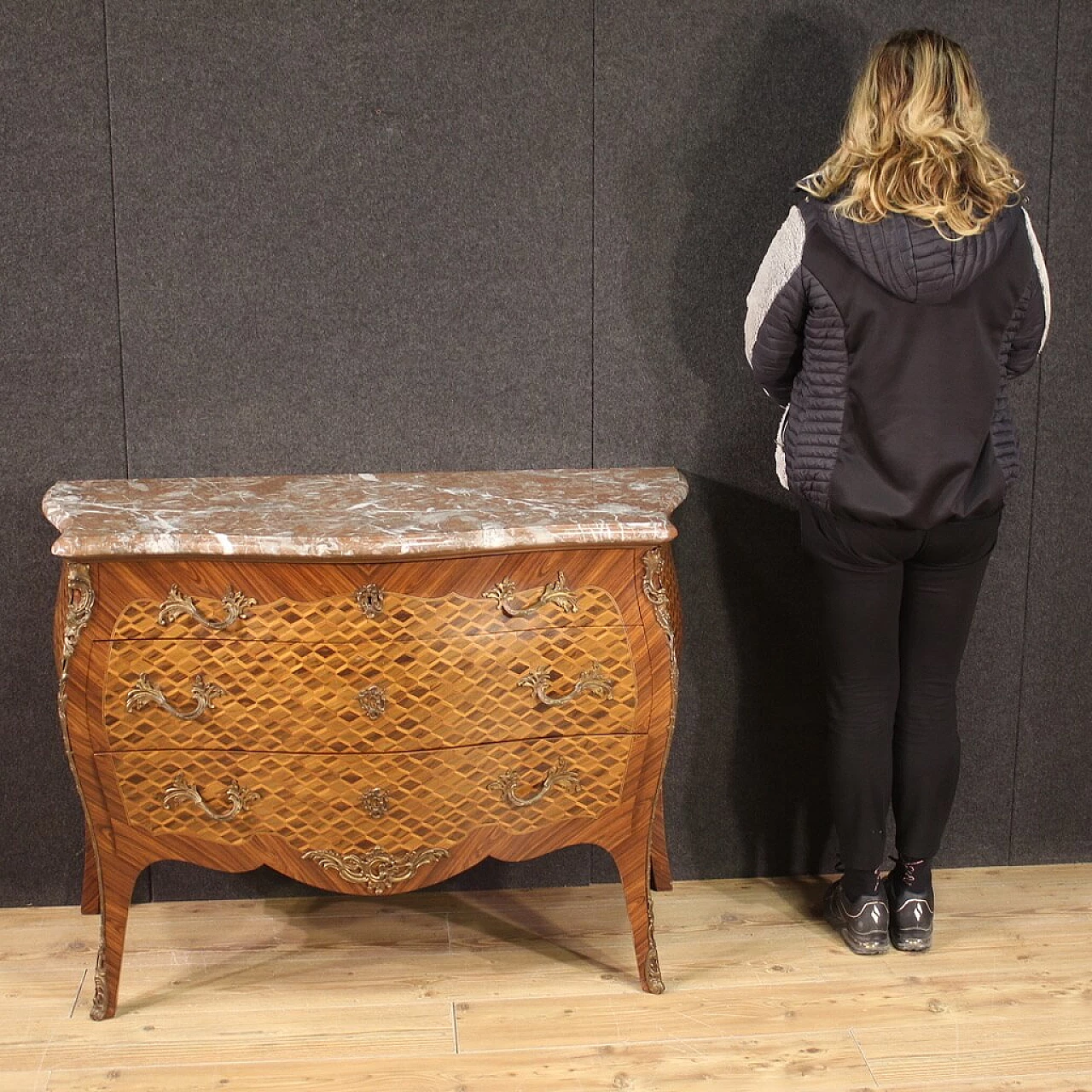 French Louis XV style inlaid wood commode with marble top 3