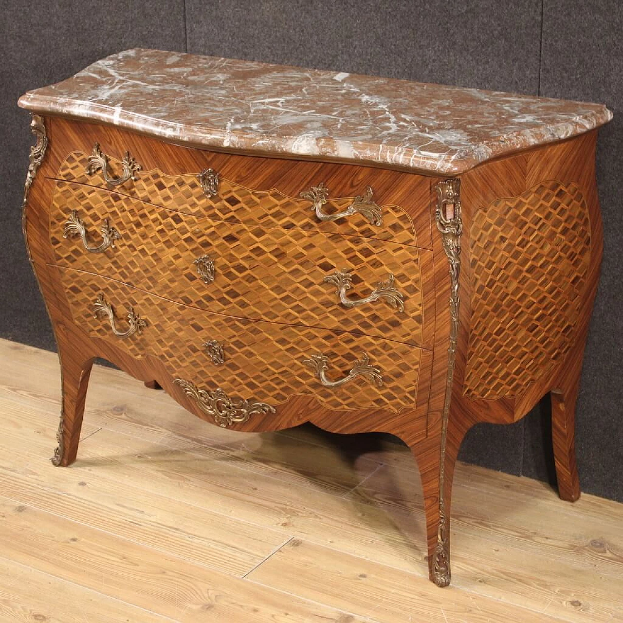 French Louis XV style inlaid wood commode with marble top 10