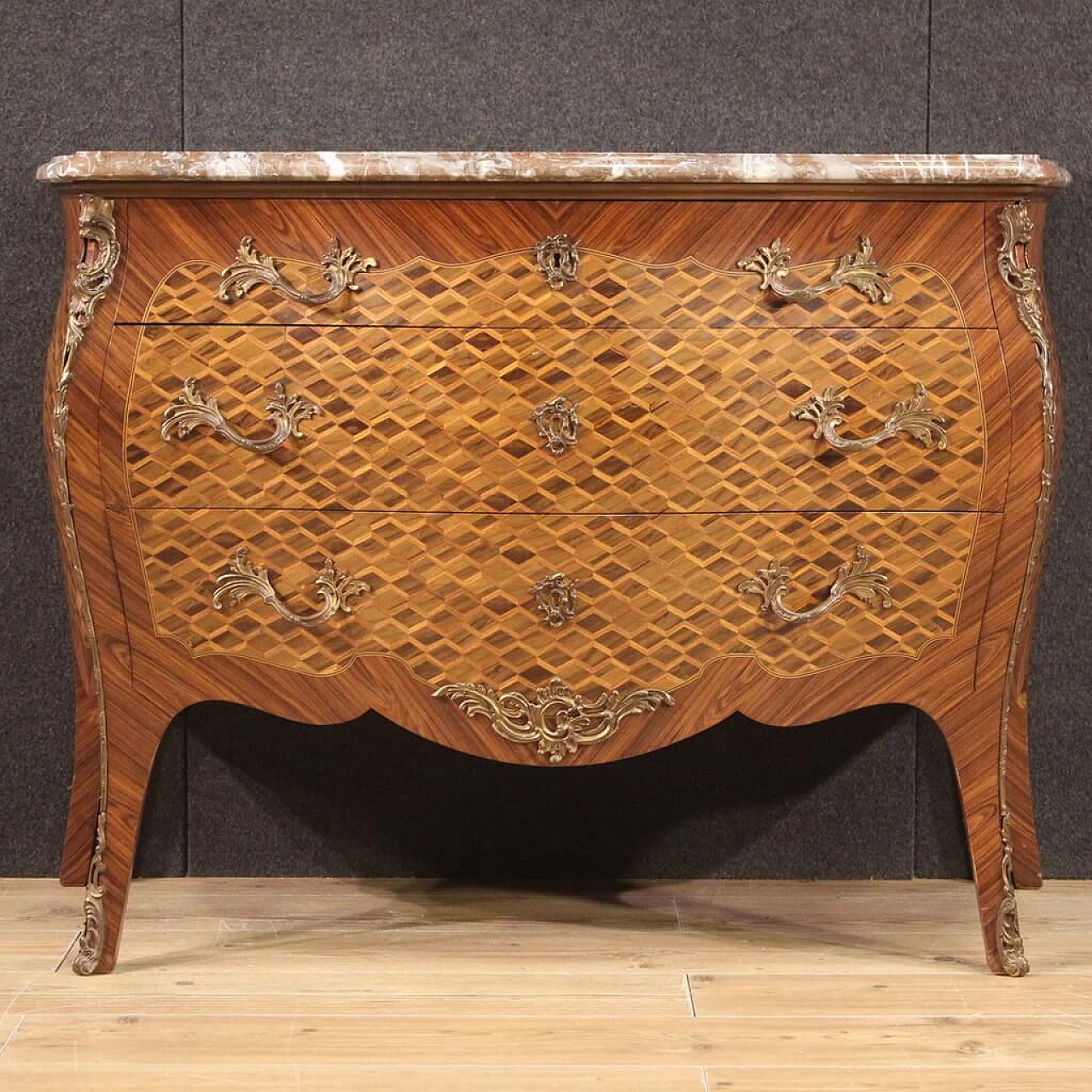 French Louis XV style inlaid wood commode with marble top 11
