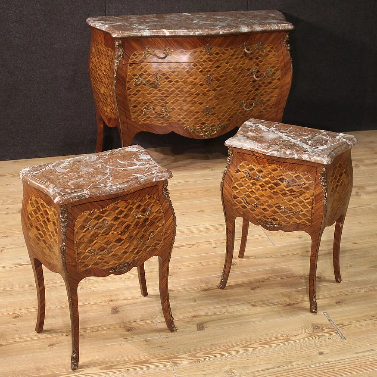 French Louis XV style inlaid wood commode with marble top 12