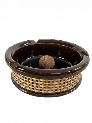 Glazed ceramic, wicker and cork ashtray, 1970s