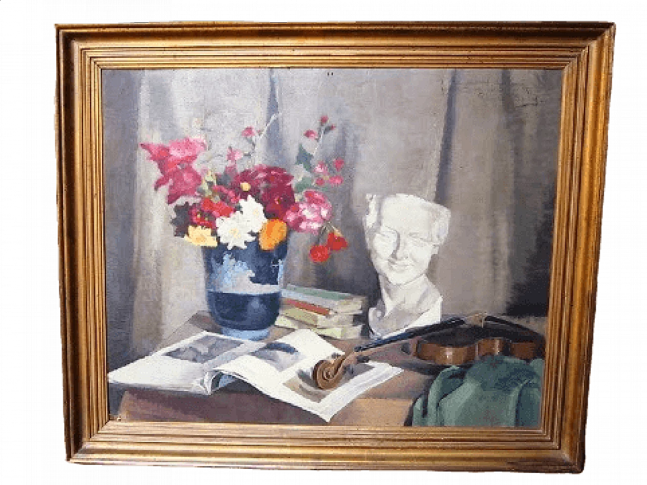Reine Virely, natura morta con violino, dipinto a olio su tavola, 1937 7