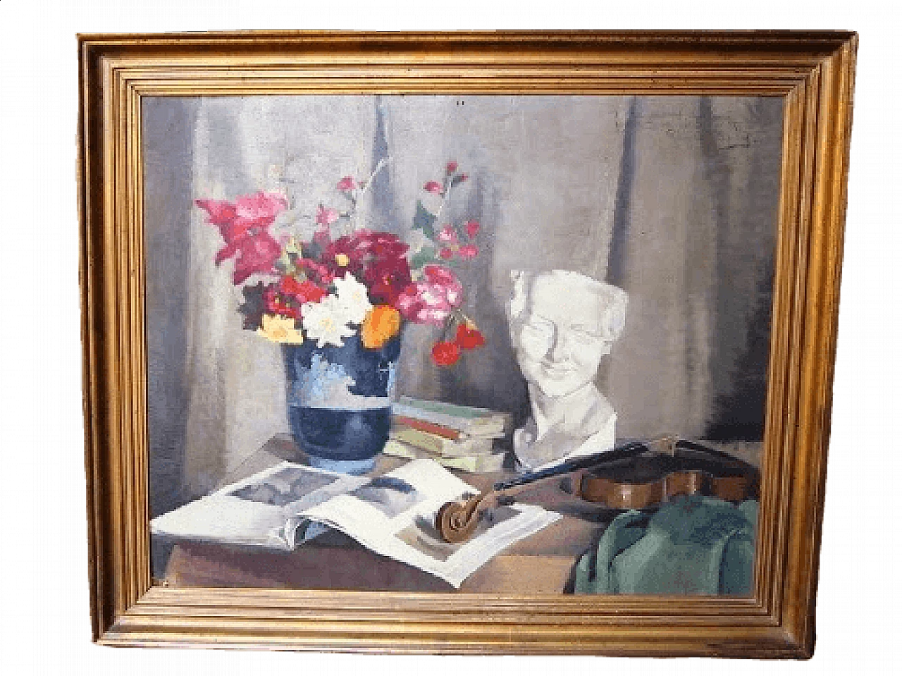 Reine Virely, still life with violin, oil painting on panel, 1937 | intOndo