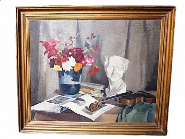 Reine Virely, natura morta con violino, dipinto a olio su tavola, 1937