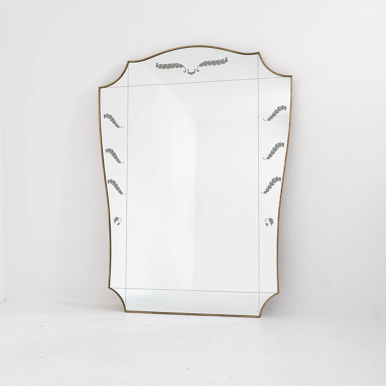 Brass and decorated glass wall mirror, 1950s 2