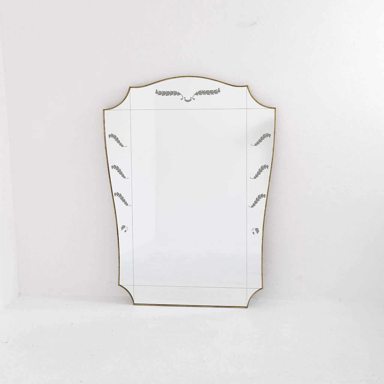 Brass and decorated glass wall mirror, 1950s 5