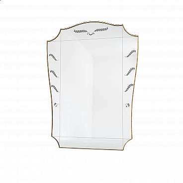 Brass and decorated glass wall mirror, 1950s