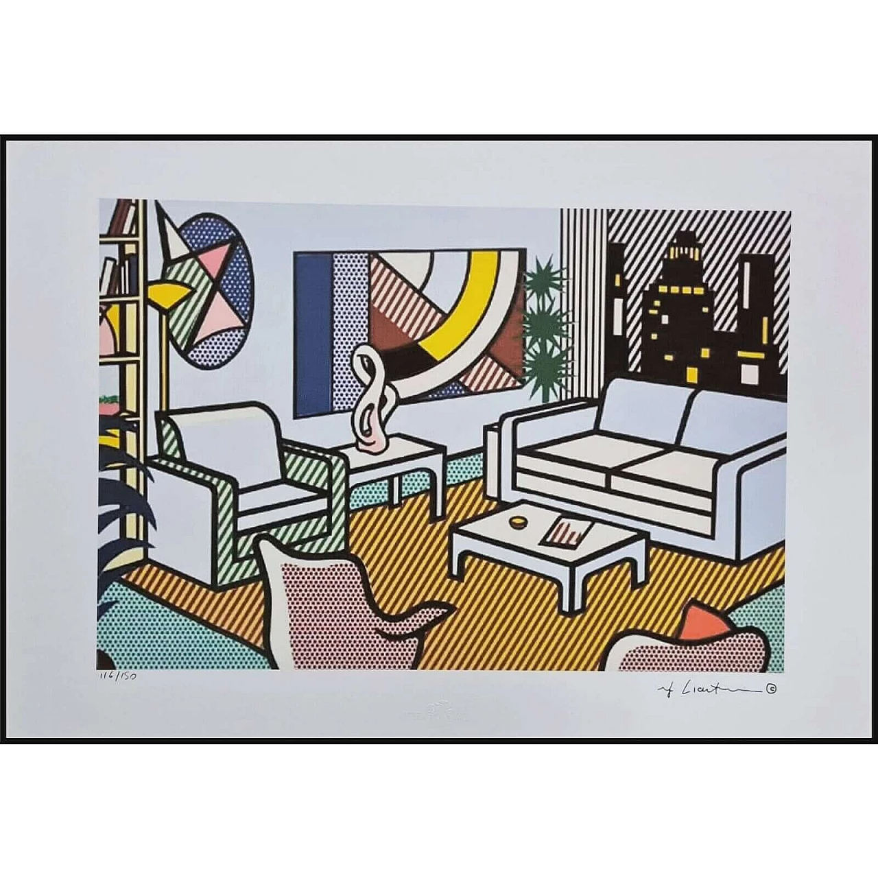 Roy Lichtenstein, Interior with skyline, litografia, anni '80 4