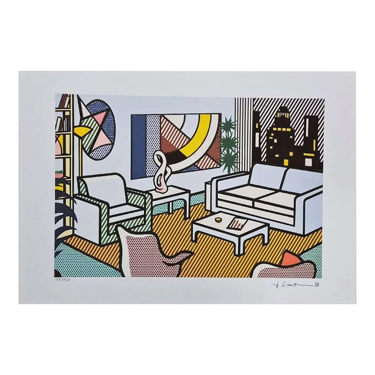 Roy Lichtenstein, Interior with skyline, litografia, anni '80 5