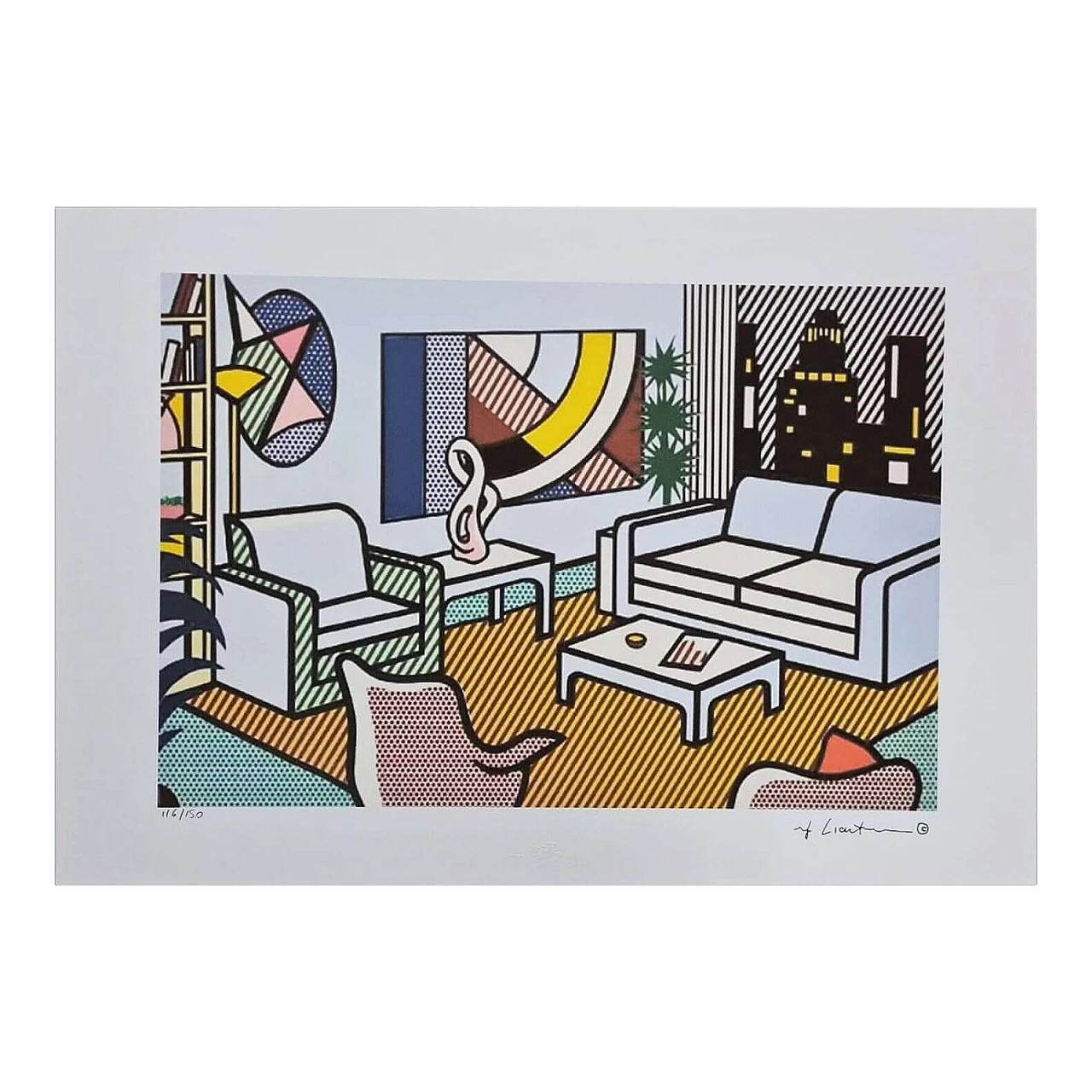 Roy Lichtenstein, Interior with skyline, lithograph, 1980s 5