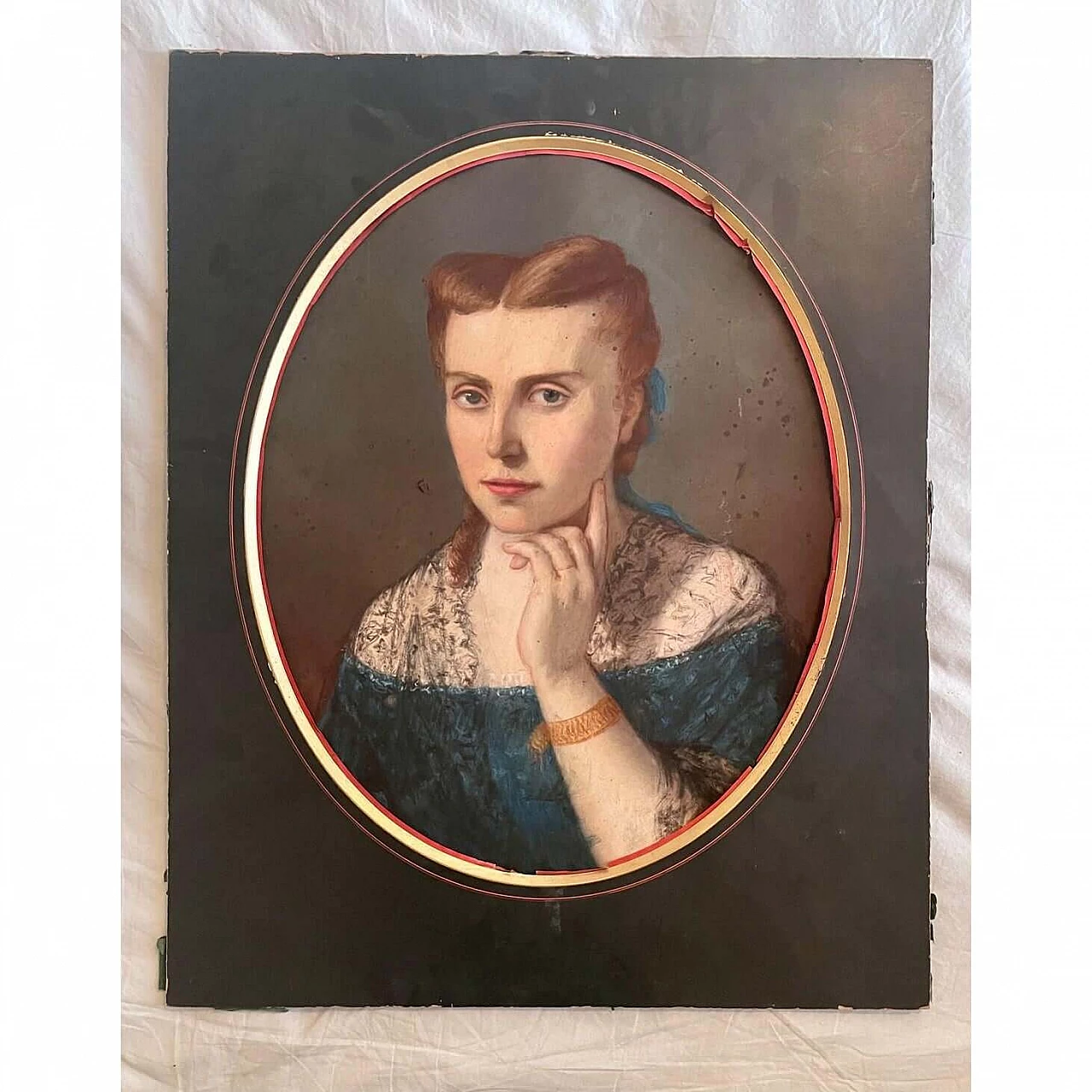 Ritratto ovale di signora con abito blu, olio su tela e pannello, '700 1