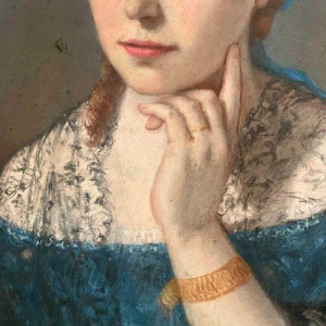 Ritratto ovale di signora con abito blu, olio su tela e pannello, '700 3