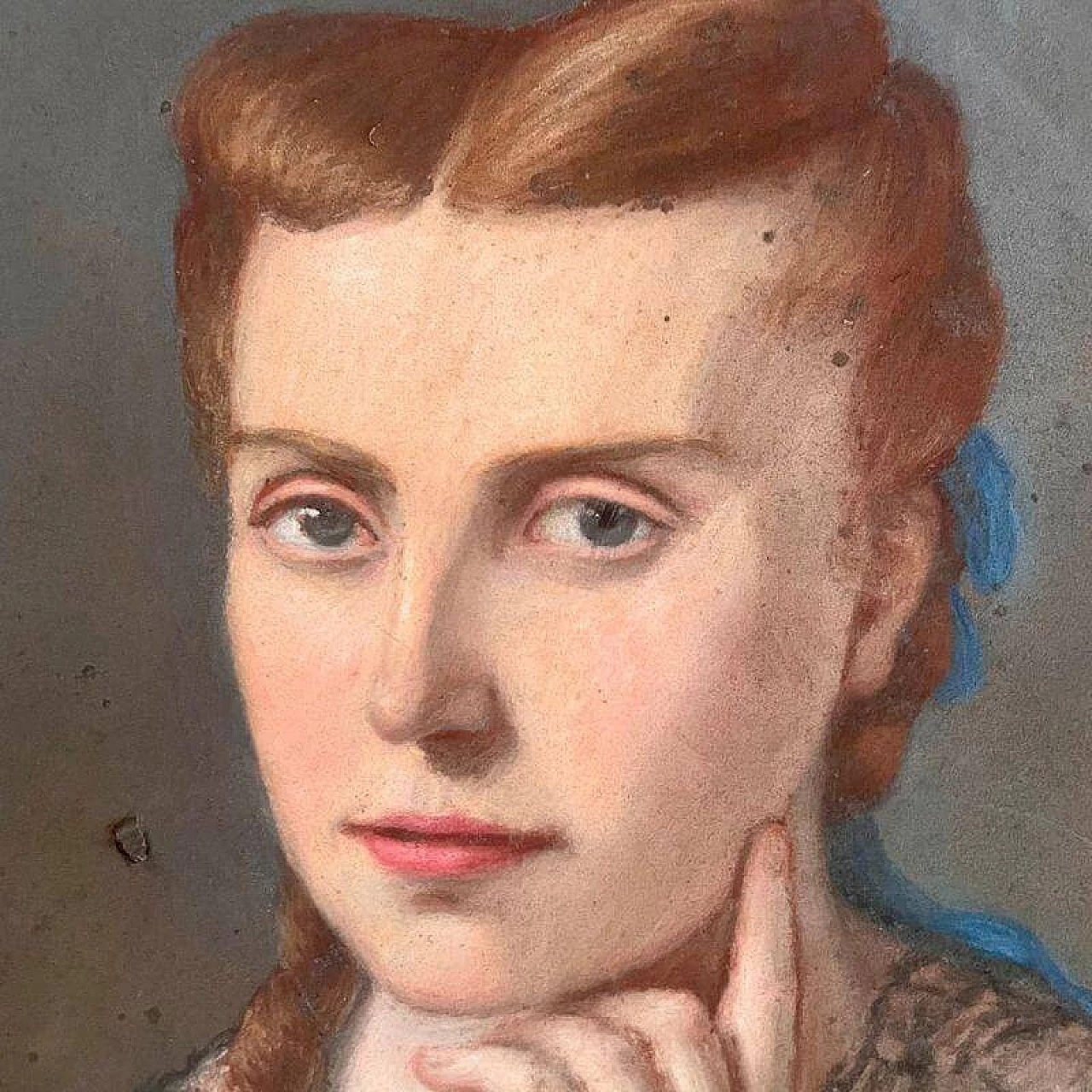 Ritratto ovale di signora con abito blu, olio su tela e pannello, '700 5