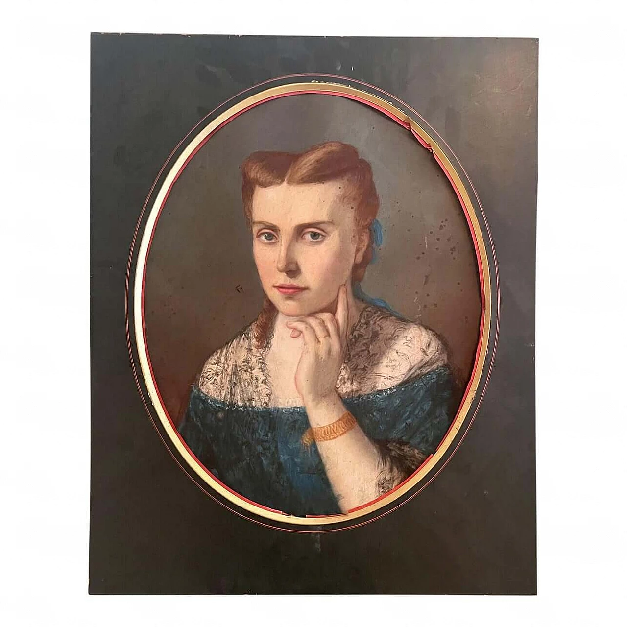 Ritratto ovale di signora con abito blu, olio su tela e pannello, '700 6