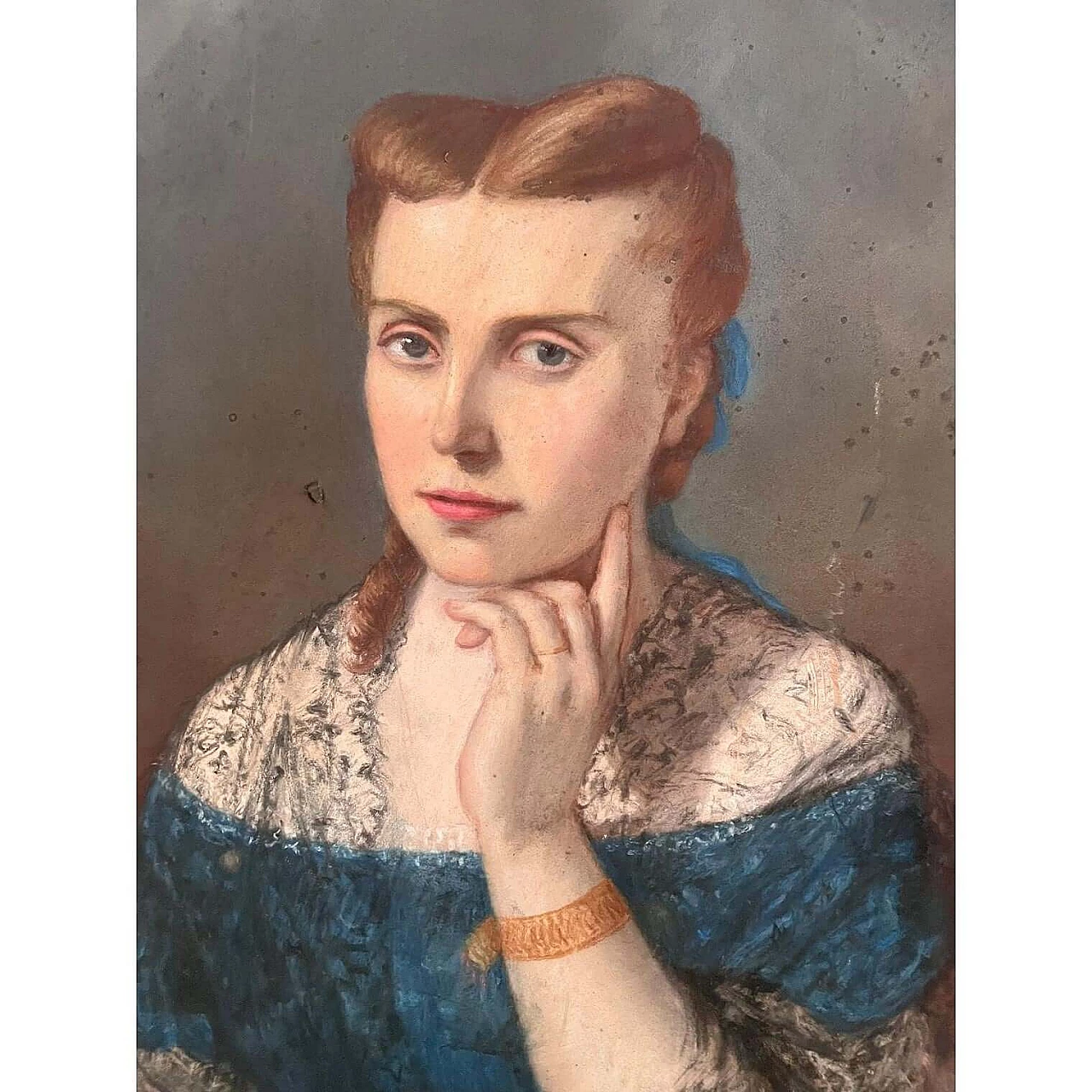 Ritratto ovale di signora con abito blu, olio su tela e pannello, '700 8