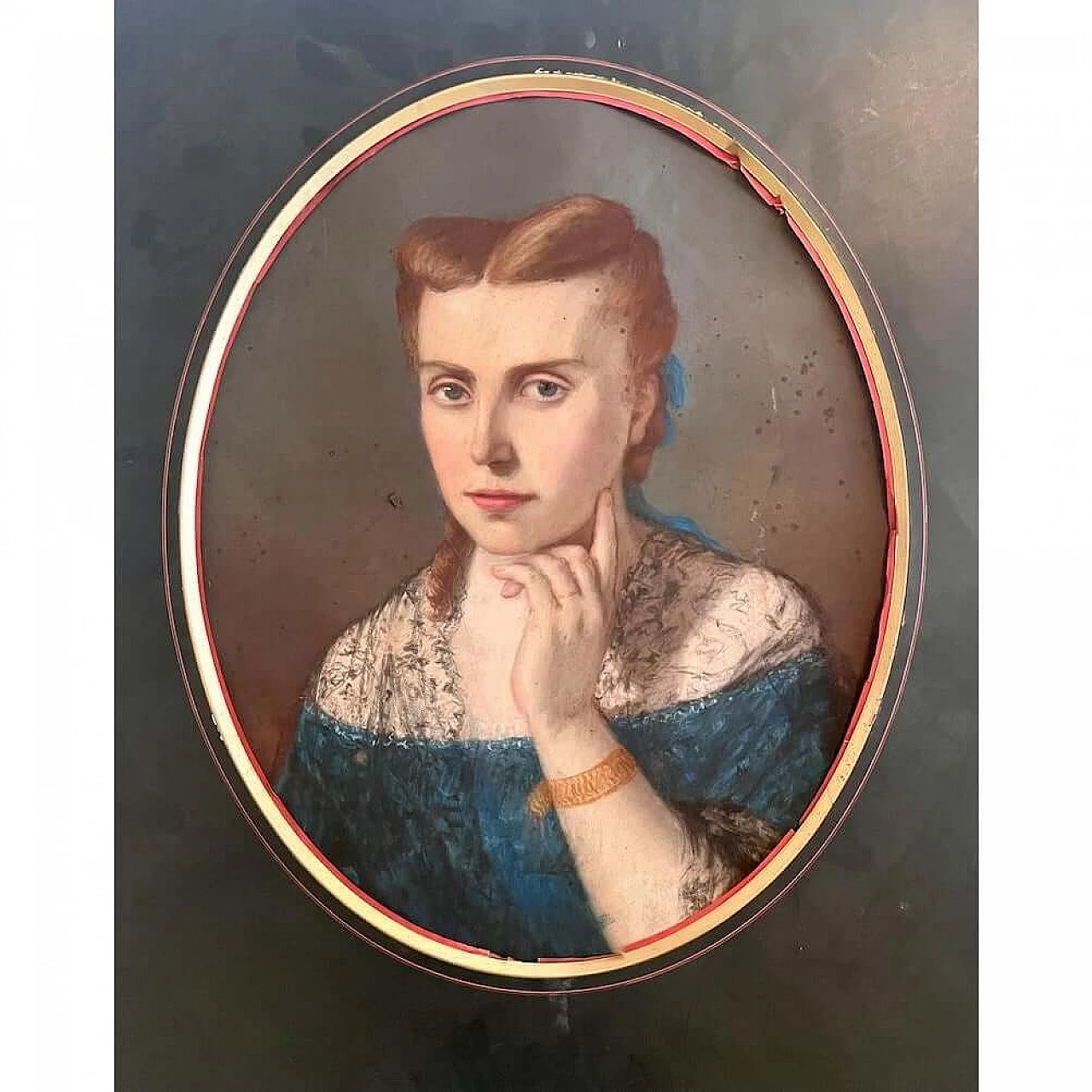 Ritratto ovale di signora con abito blu, olio su tela e pannello, '700 9