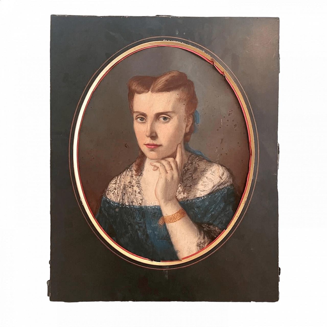 Ritratto ovale di signora con abito blu, olio su tela e pannello, '700 10