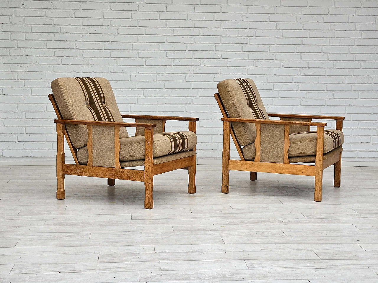 Pair of Danish oak and wool armchairs, 1970s 1