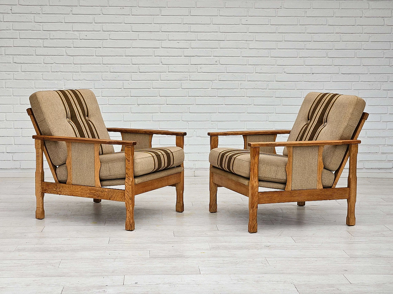 Pair of Danish oak and wool armchairs, 1970s 2