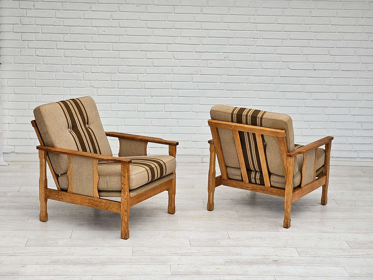 Pair of Danish oak and wool armchairs, 1970s 3