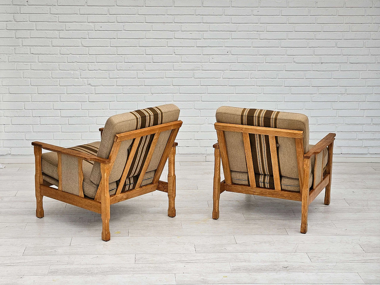 Pair of Danish oak and wool armchairs, 1970s 4