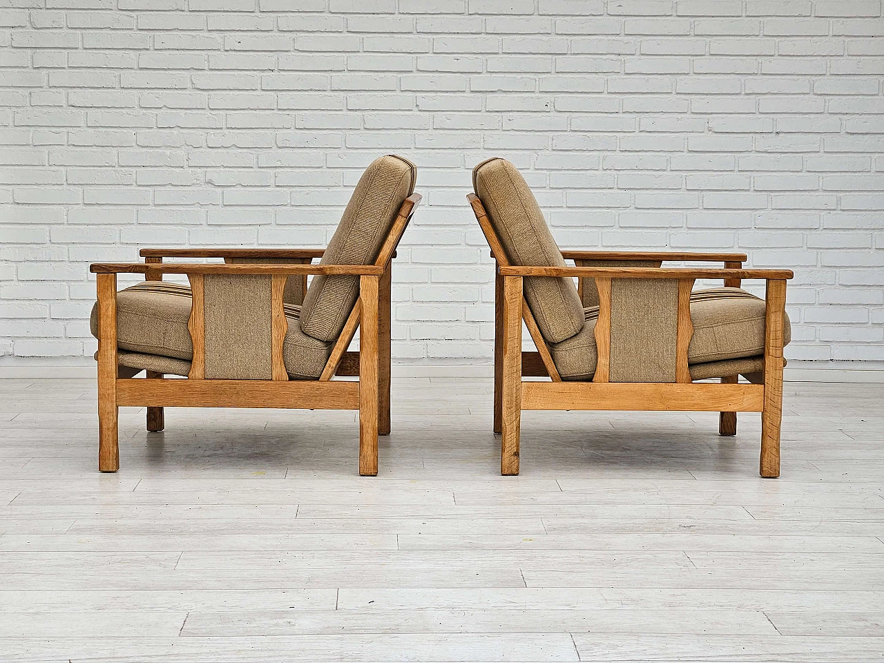 Pair of Danish oak and wool armchairs, 1970s 5