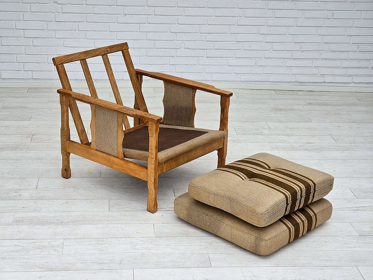 Pair of Danish oak and wool armchairs, 1970s 14