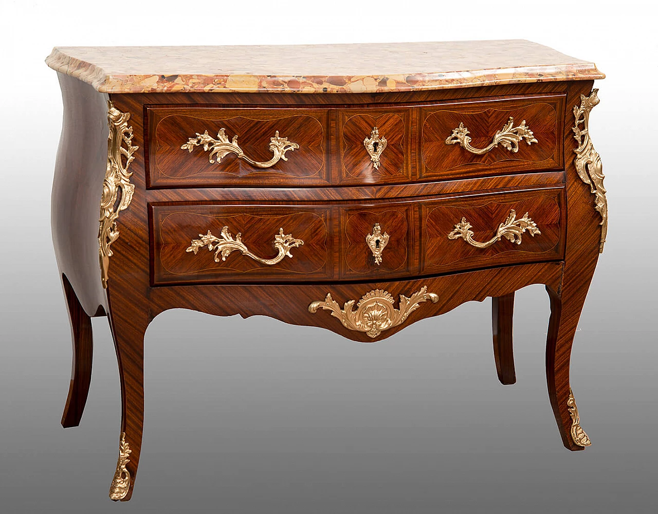 Napoleon III chest of drawers in exotic wood with marble top and bronze handles, 19th century 1
