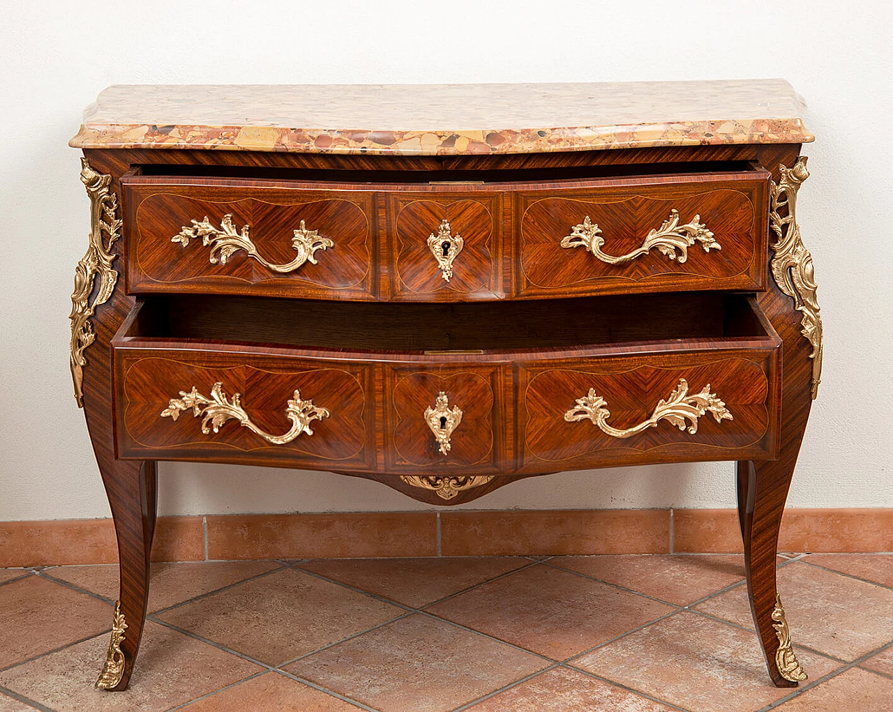Napoleon III chest of drawers in exotic wood with marble top and bronze handles, 19th century 2