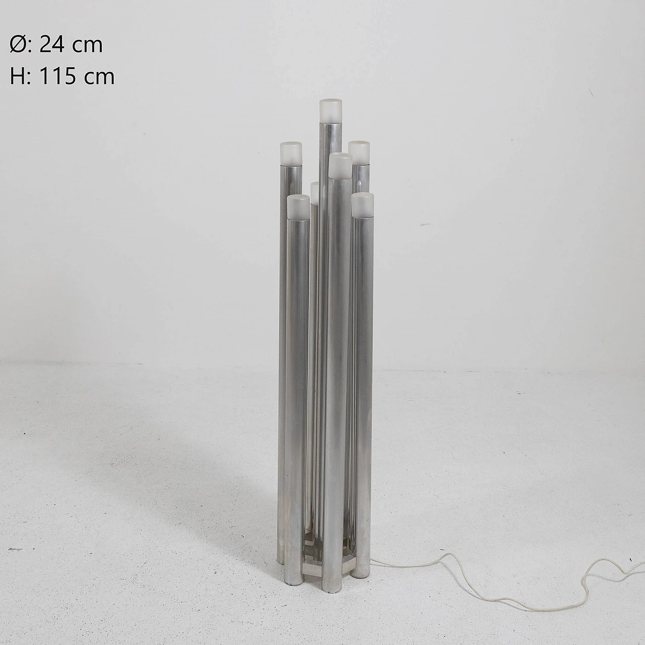 Lampada da terra a sette luci in metallo cromato e vetro satinato, anni '70 2