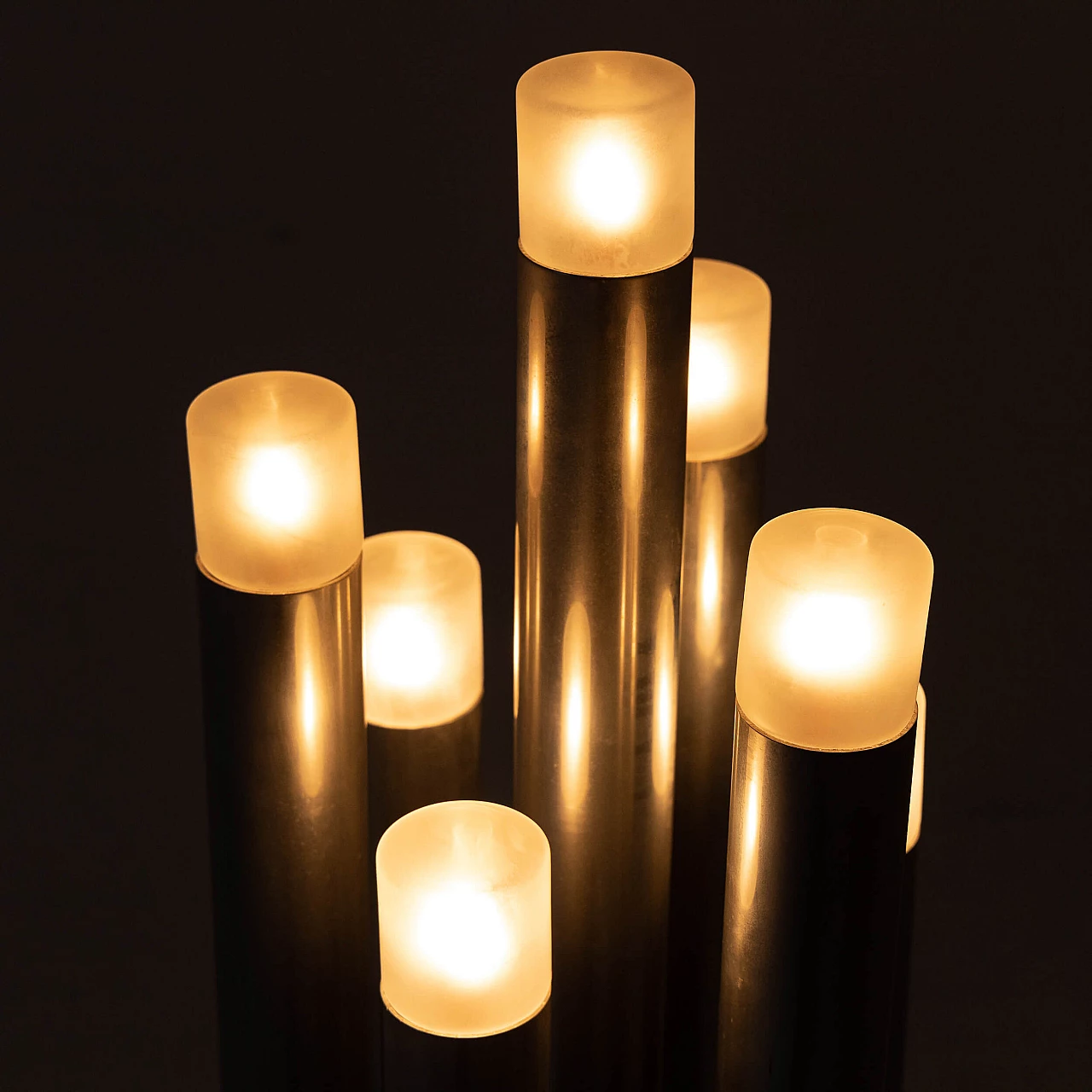 Lampada da terra a sette luci in metallo cromato e vetro satinato, anni '70 10