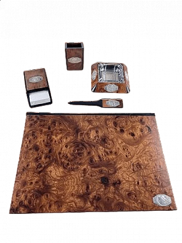 5 Desk accessories in walnut, silver and crystal, 1980s